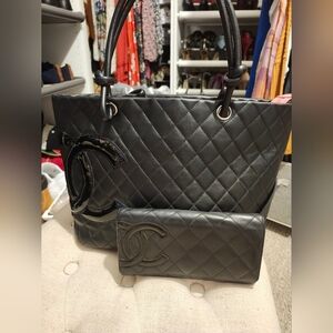 CHANEL Black Quilted Leather Cambone Tote with Matching Wallet Set